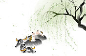 中国风牛年插画台历江南池塘里戏水的孩子图片素材