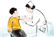 医疗插画护士给小孩注射新冠肺炎疫苗图片素材