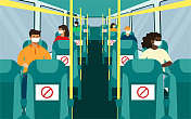 有社交距离的公共汽车座位。黑白两色，男人和女人戴着面具。矢量图图片素材