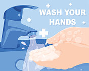 在水龙头下洗手。卫生概念手的细节。图片素材