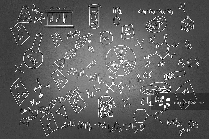 一套化学草图。背景图像与化学课图纸在黑板上图片素材