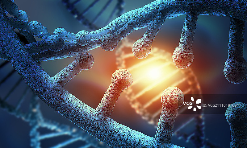 DNA分子。蓝色背景下dna分子的生物化学概念图片素材