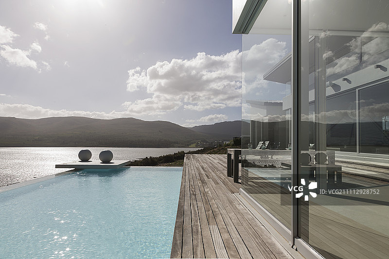 阳光明媚，宁静的现代豪华住宅展示外观与无限游泳池和海景图片素材