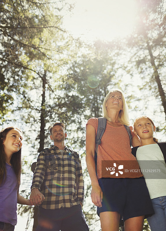 一家人在阳光明媚的树林里徒步旅行图片素材