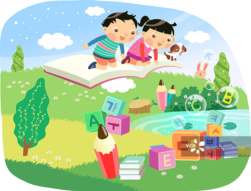 男孩和女孩坐在书上飞过田野图片素材