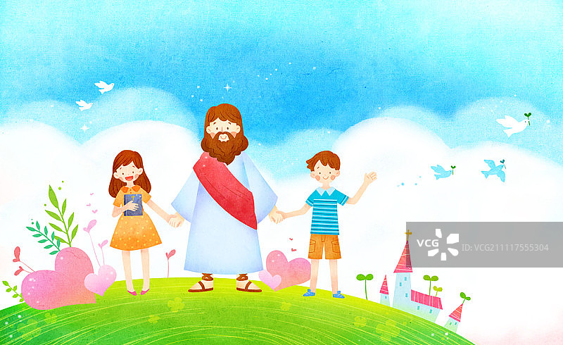 孩子和耶稣手牵着手图片素材