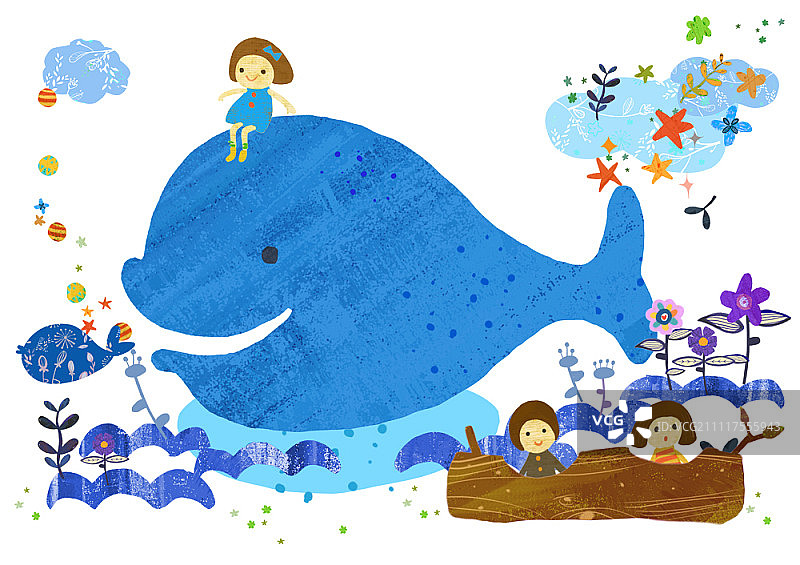 儿童和鲸鱼的插图图片素材