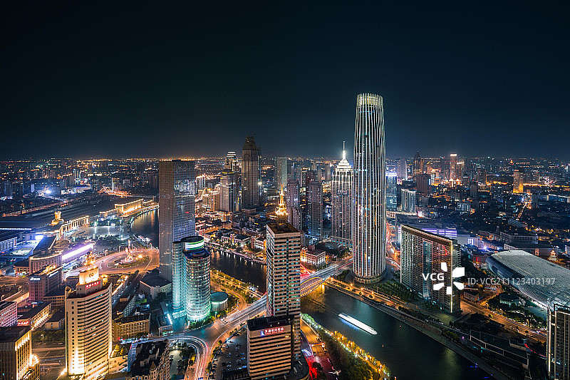 航拍天津海河CBD商务区夜景图片素材
