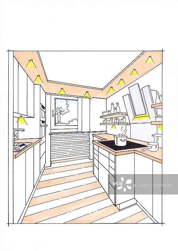 厨房插图与家具橱柜和嵌入式灯图片素材