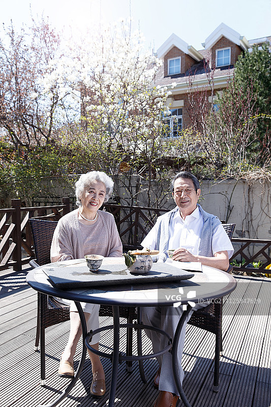 老年夫妇在庭院喝茶图片素材