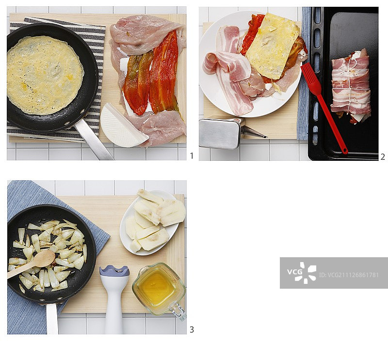 如何制作塞满鸡胸肉的煎蛋卷和辣椒包在培根里图片素材
