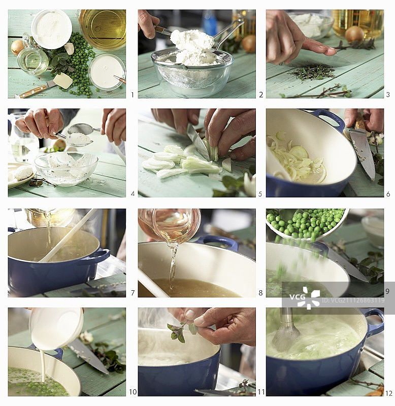 如何用薄荷和乳清干酪做豌豆汤图片素材