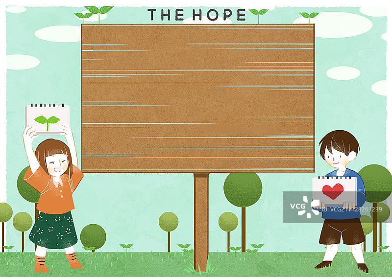 男孩和女孩拿着画有花蕾和心形的速写本，站在木板旁边图片素材