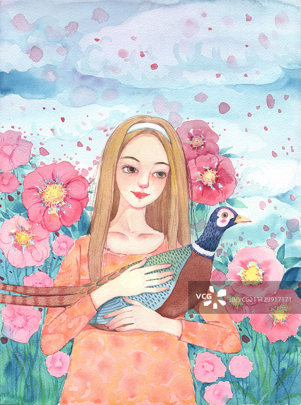 365唯美水彩插画系列-抱着野鸡的女孩图片素材