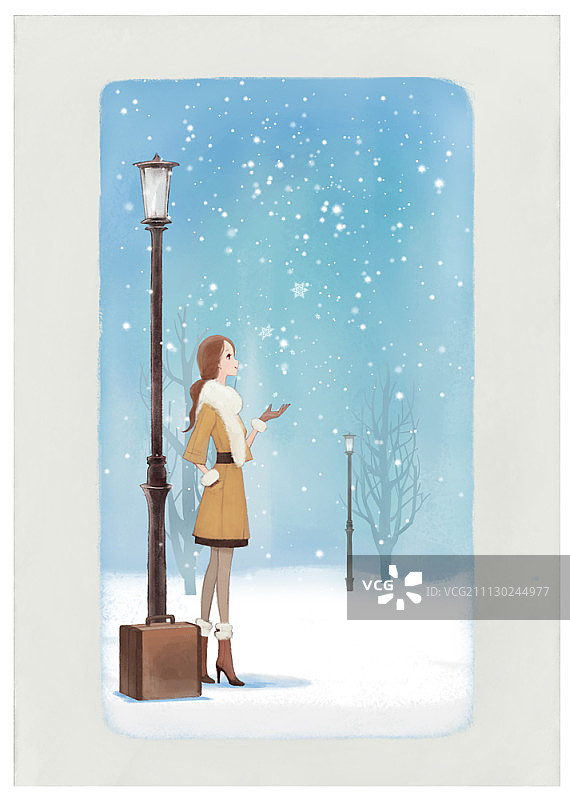 在雪中穿着大衣的女人的插图图片素材