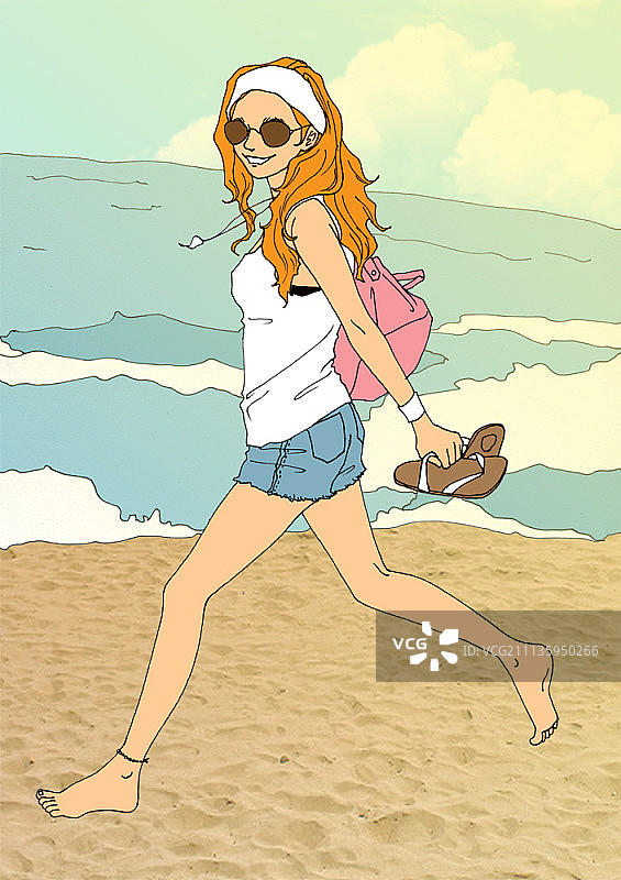 欢呼的女孩赤脚走在海滩上图片素材