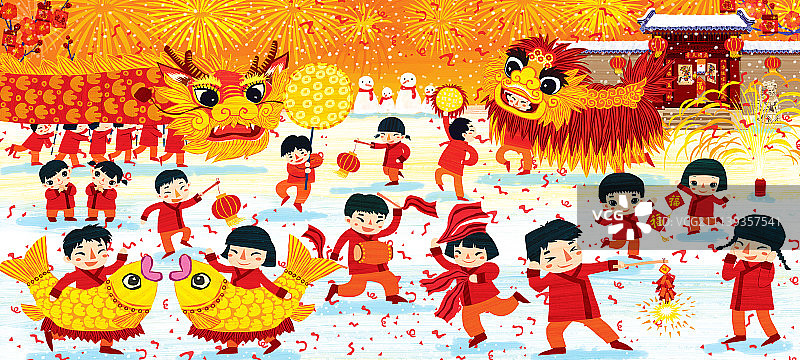 传统节日插画系列——欢欢喜喜过新年图片素材