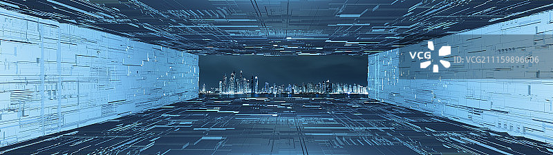 科技未来感隧道和迪拜海岸线摩天大楼夜景图片素材