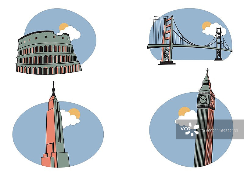 矢量插图的所有世界旅行。包括体育馆，金门，大本钟和帝国大厦的图标。图片素材