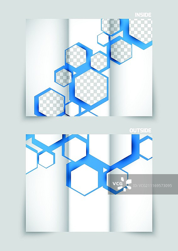 三折宣传册模板设计与蓝色六边形图片素材