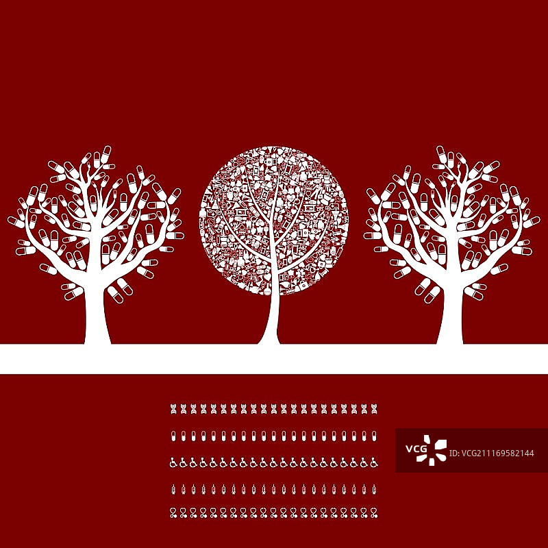 红色背景下的三棵药树。一个矢量插图图片素材