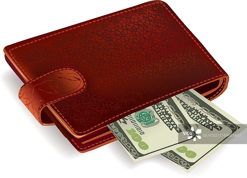 经典的棕色皮革口袋钱包装满了美元纸币矢量插图图片素材