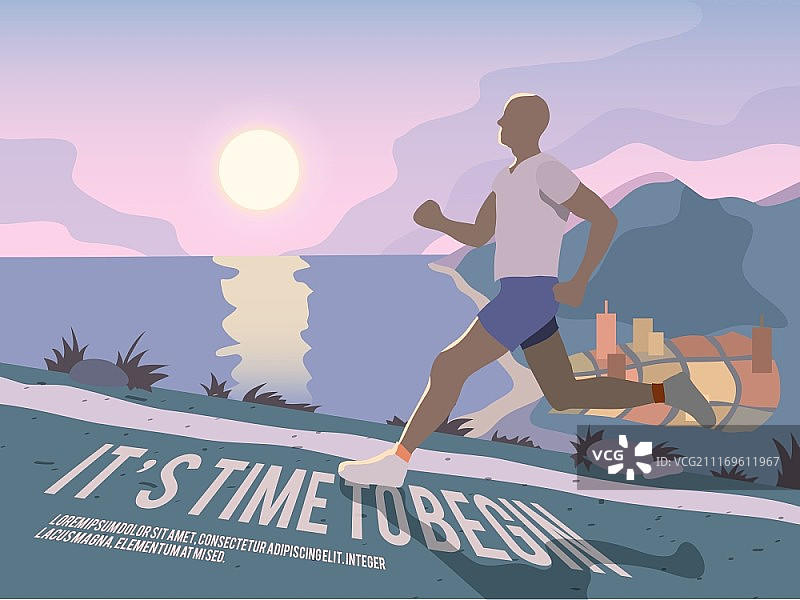 跑步人户外运动健身生活方式时间开始海报矢量插图图片素材