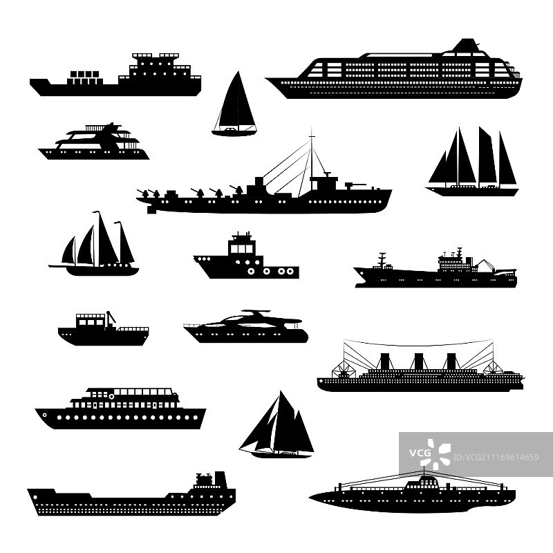 船舶和船，轮船，游艇和油轮运输业装饰图标黑白集孤立矢量插图图片素材