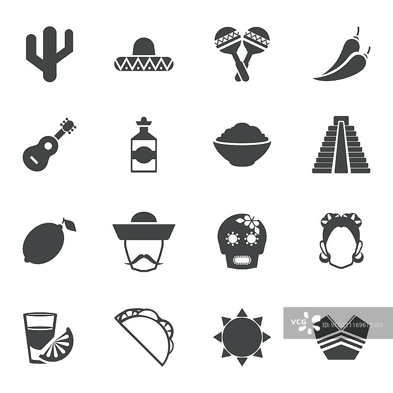 墨西哥旅游符号黑色图标设置与吉他龙舌兰金字塔玉米孤立矢量插图图片素材