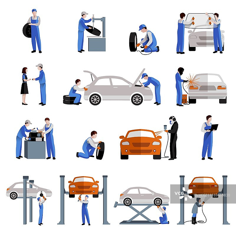 汽车技工汽车服务维修和维护工作图标设置孤立矢量插图。机械图标设置图片素材