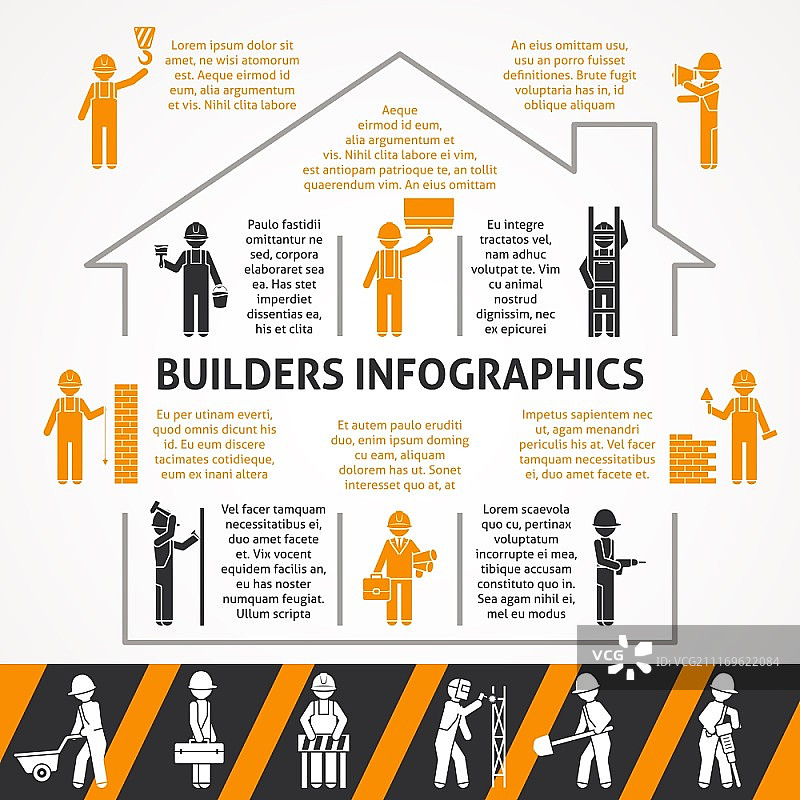 建筑商平面颜色信息图表集。建筑商在建筑房屋用文字平黑色和橙色剪影信息图集矢量插图图片素材