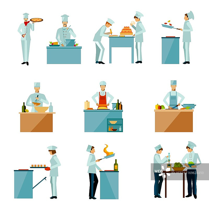 餐厅厨师和人们烹饪食物平面图标设置孤立矢量插图。人做饭图片素材
