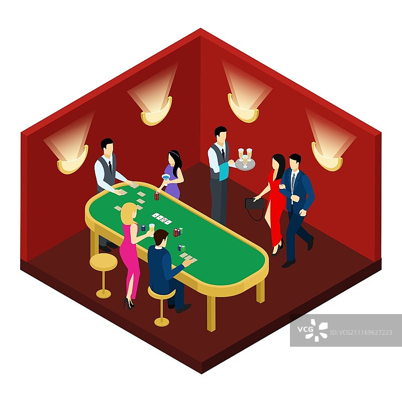 赌场和纸牌等距插图。赌场和纸牌与人香槟和红大厅等距矢量插图图片素材