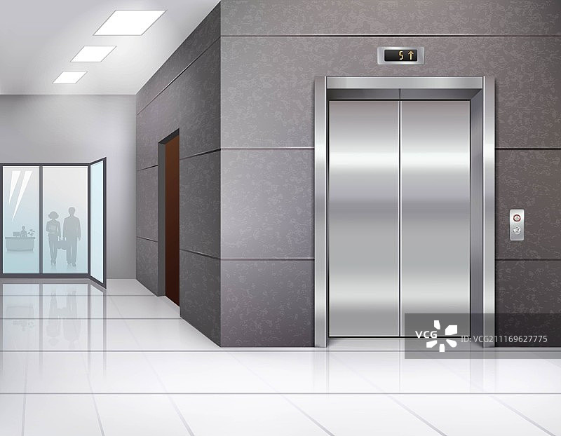 大厅和电梯。办公大楼大厅与闪光地板和金属铬电梯门逼真的矢量插图图片素材