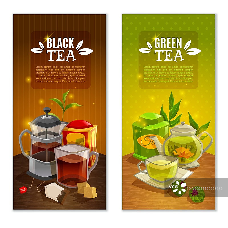 茶的横幅。两条幅与红茶和绿茶设置在桌子上与配件的彩色背景矢量插图图片素材