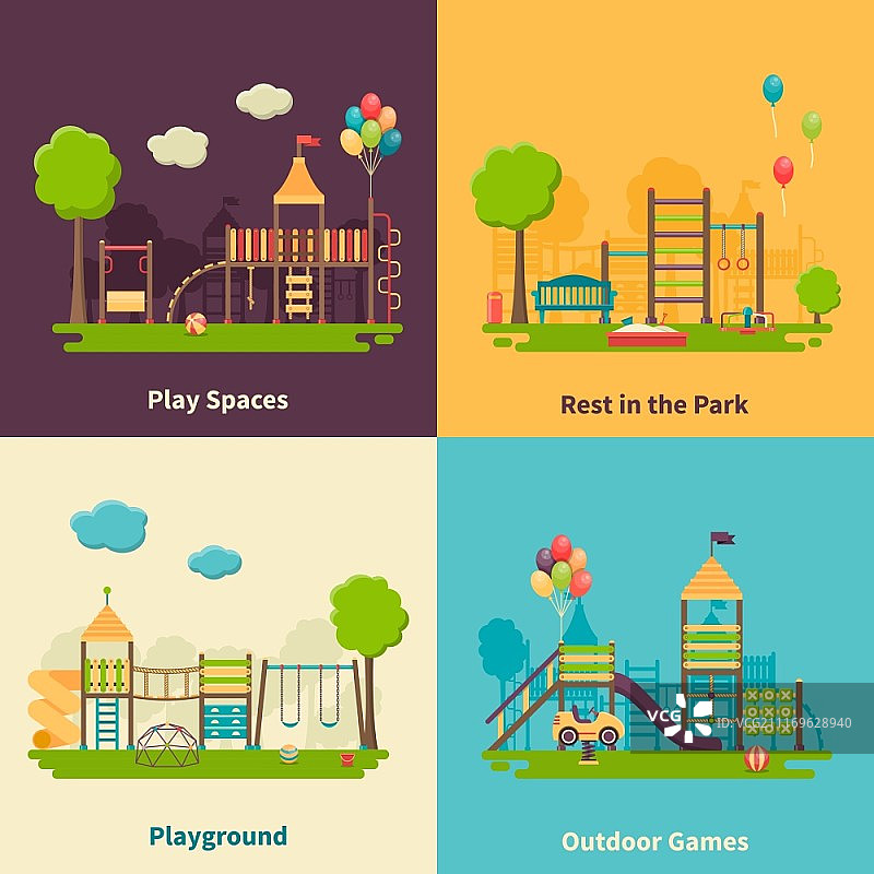 操场上平面的概念。彩色平面构图2x2描绘了不同的户外操场和公园休息的游戏空间以及游戏矢量插图图片素材