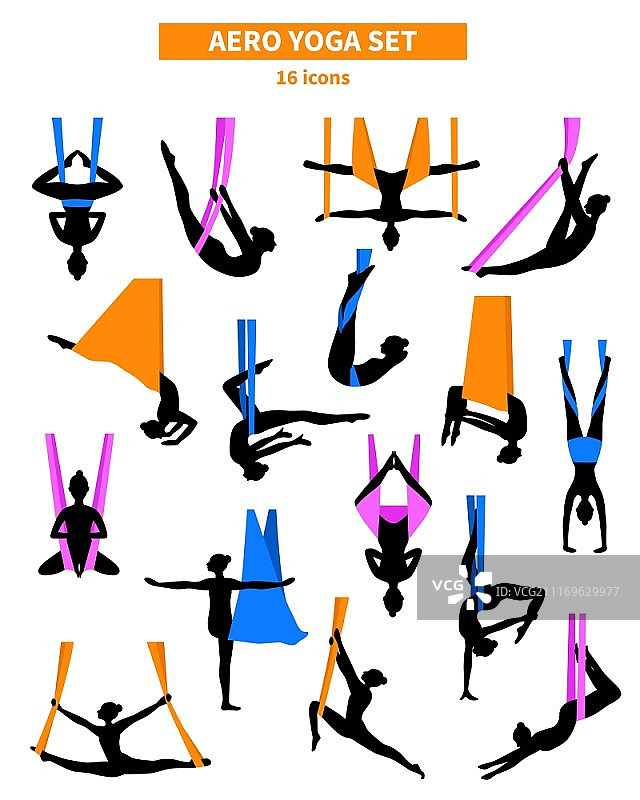空中瑜伽黑白图标设置。航空瑜伽黑白孤立的图标设置与女性在彩色织物矢量插图训练的轮廓图片素材