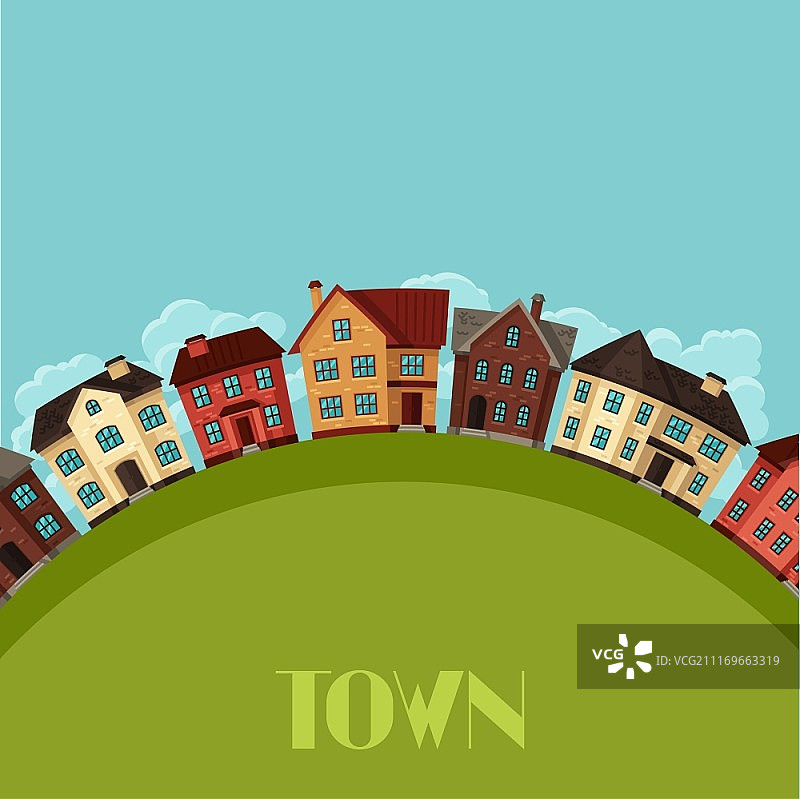 城镇背景设计与别墅和房屋。以小镇为背景的别墅和房屋设计图片素材