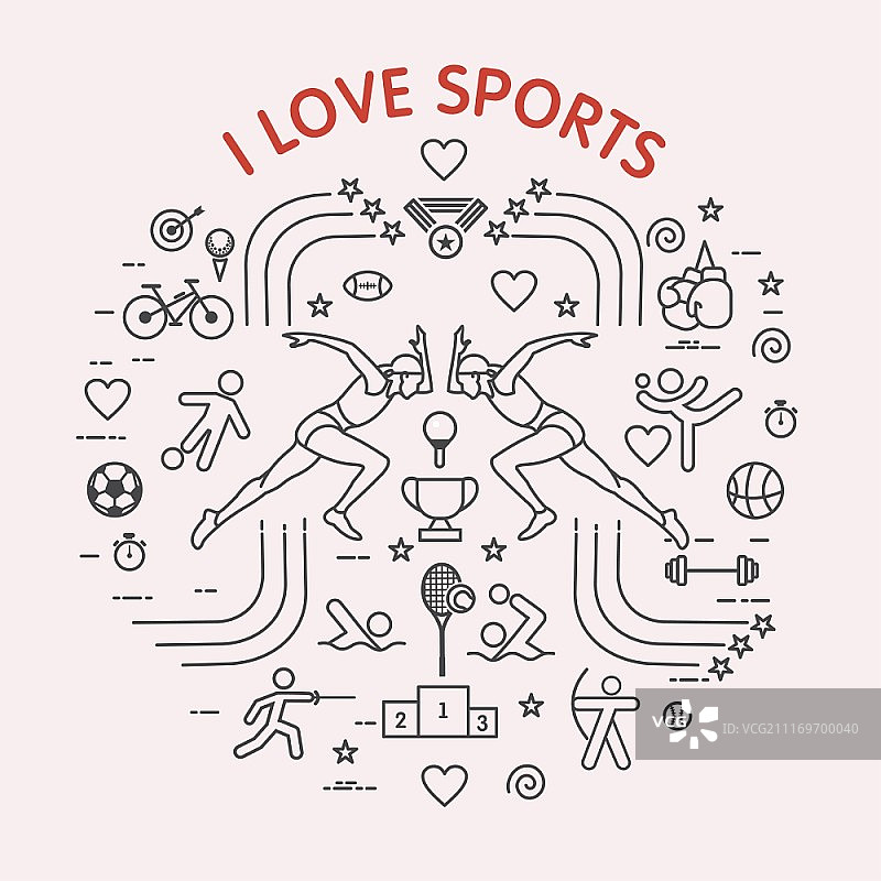 我喜欢这项运动。体育信息图。不同类型的运动。印在t恤上的一组元素和图标。图片素材
