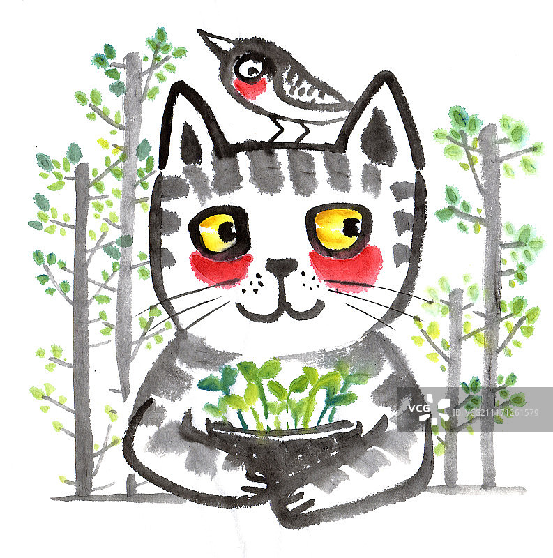中国画水墨动物系列第一季共1000幅-抱着盆栽的水墨猫图片素材