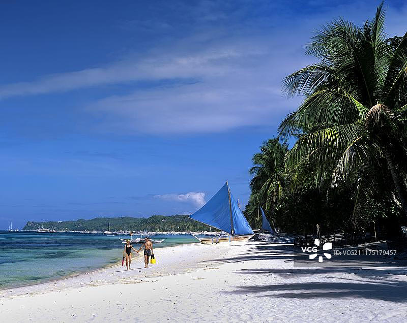 白滩，白色的沙滩，银行和支腿船帆，长滩，阿克兰，菲律宾，亚洲图片素材