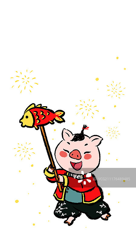 中国风猪年春节系列之举着鱼灯的猪图片素材