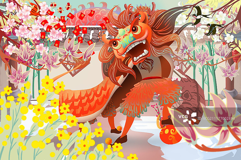 热闹的春节舞狮子插画图片素材