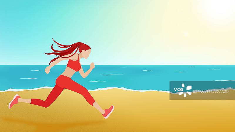 年轻女人海边跑步图片素材