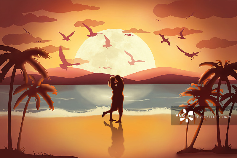海滩夕阳下的浪漫情侣插画图片素材