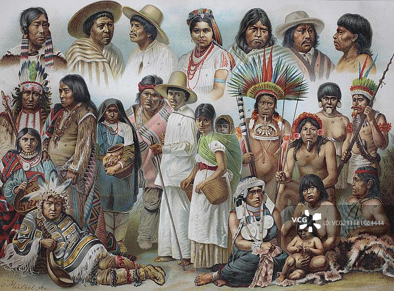 美国民族:1名拉布拉多因纽特妇女，2名墨西哥人，3名高地墨西哥人，4名尤卡坦墨西哥人，5名厄瓜多尔印第安人，6名秘鲁印第安人，7名伊普里纳人，8名苏族，9 +10。阿帕奇，贝拉库拉11号，12 +13。普韦布洛印第安人，14 +15。萨波特卡，16博罗罗，17卡拉贾，18博托库丁，19巴西奥瓜，20智利阿劳卡尼亚人，21 +22。火地岛，23巴塔哥尼亚，历史插图，木刻，大约1888年图片素材