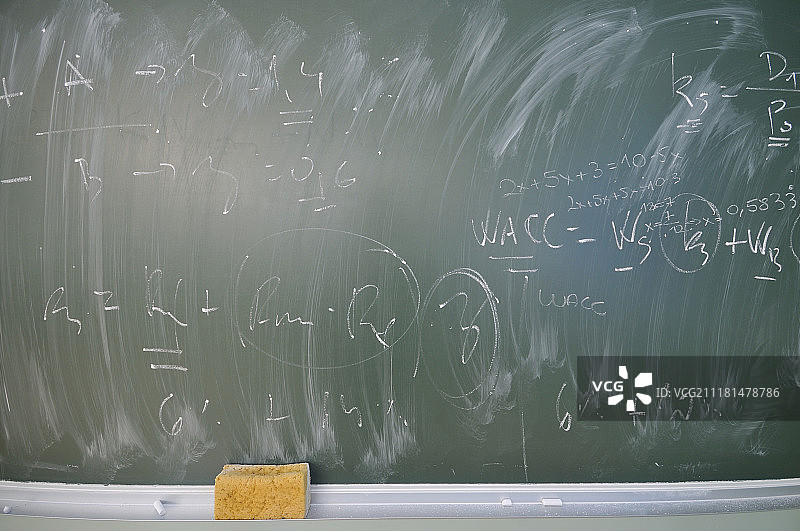 大学教室里的绿色板，上面写着经济和金融公式图片素材