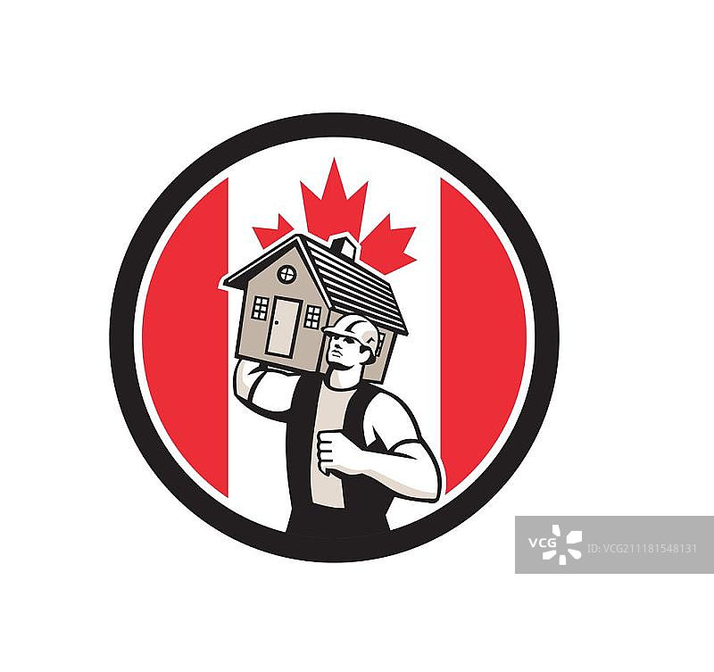 加拿大房屋拆除加拿大国旗图标。图标复古风格的插图，一个加拿大的房子搬家或搬家与加拿大枫叶旗设置在孤立的背景内的房子。加拿大房屋拆除加拿大国旗图标图片素材