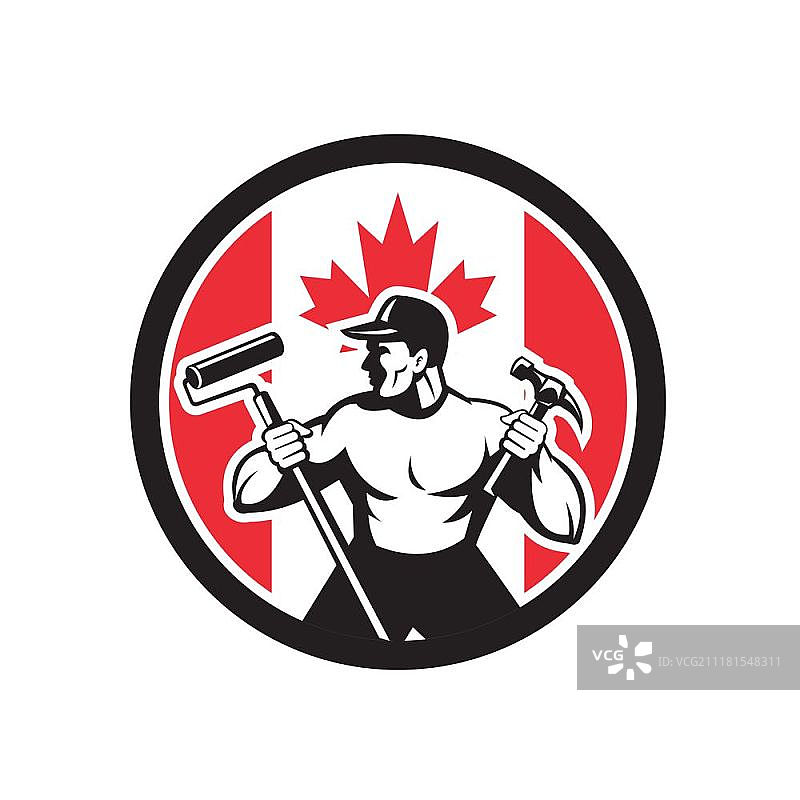 加拿大杂工加拿大国旗图标。图标复古风格的插图加拿大专业杂工或家庭维修人员与加拿大枫叶旗设置在孤立的背景圈内。加拿大杂工加拿大国旗图标图片素材