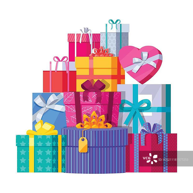 彩色包装的礼品盒。一大堆彩色包装的礼品盒。山的礼物。漂亮的礼物盒与压倒性的弓。礼盒图标。礼物的象征。圣诞礼物盒子。孤立的矢量图图片素材